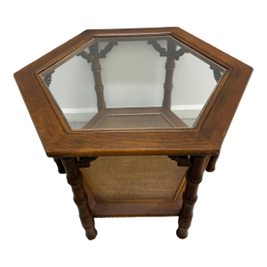 1970s Vintage Hexagonal Wooden End Table, Faux Bamboo Legs With Glass Top and Cane Bottom Shelf