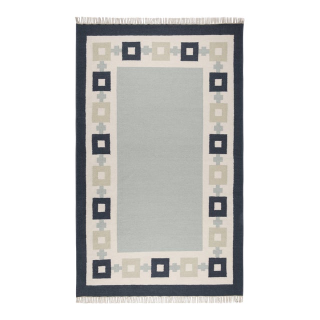 Part & Parcel Goods Wool Chain Rug 15' x 20', Sky Blue, Navy, Celadon and Eggshell For Sale