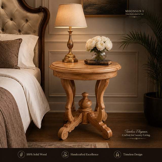 Brown Solid Wood Carved Round Side Table, Handcrafted Vintage Accent Lamp Table For Sale - Image 8 of 10