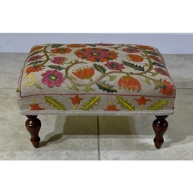 Antique Suzani Embroidered Footstool – Silk Hand-Stitched Needlepoint For Sale - Image 10 of 15