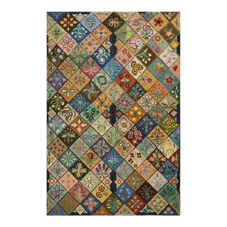 1930s Multi Geometric Folk Art Antique American Hooked Rug 6' X 8'9" Woven Wool Carpet For Sale