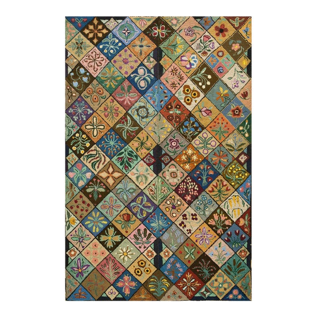 1930s Multi Geometric Folk Art Antique American Hooked Rug 6' X 8'9" Woven Wool Carpet For Sale