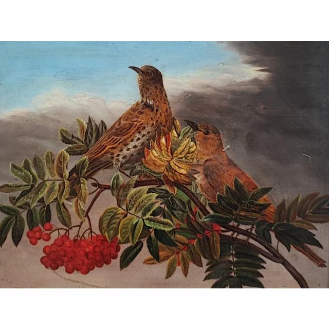 C.B. Hjortdal, Couple d'Oiseaux sur une Branche Fruitée, Oil on Wood, Framed , in Flawless conditions. Designed before...