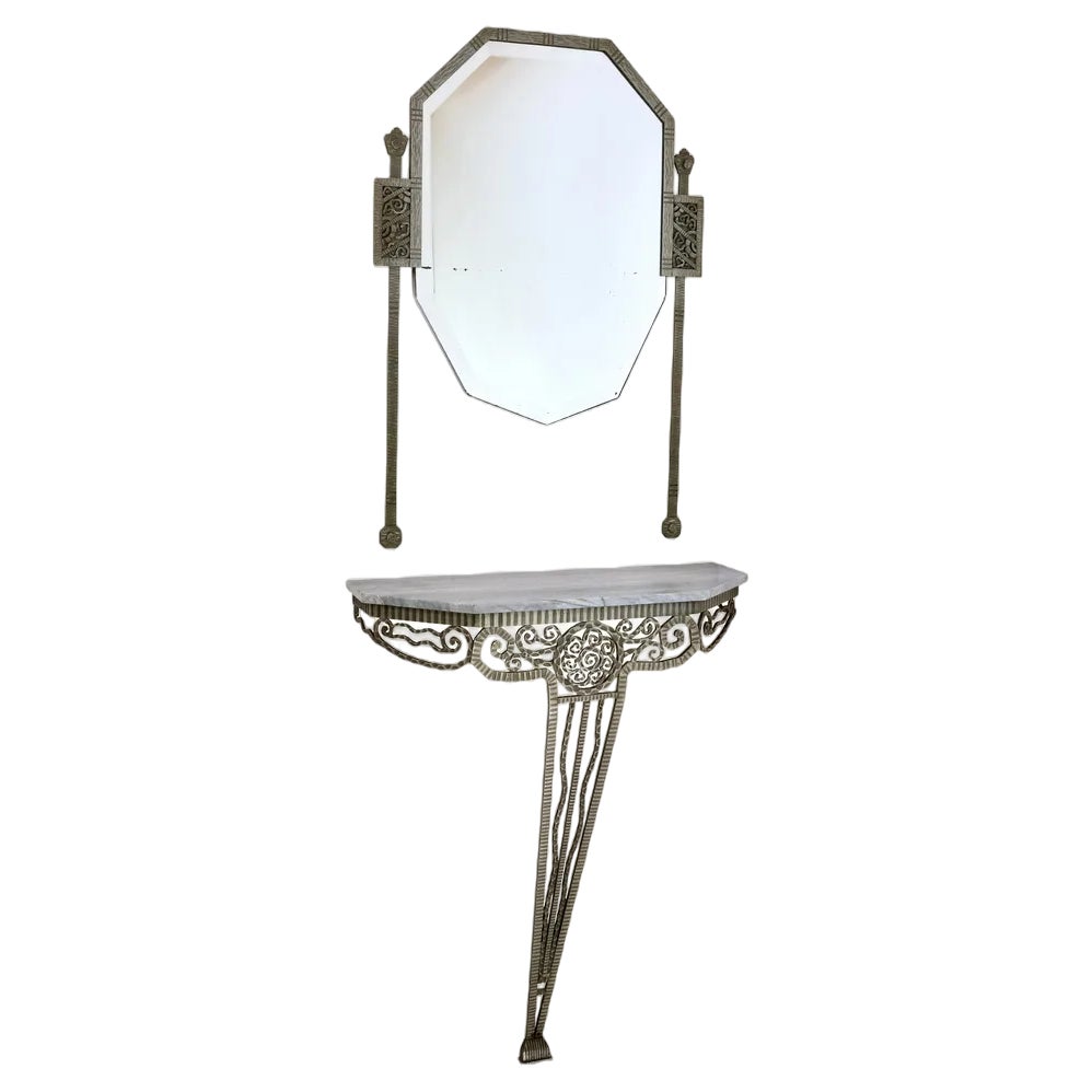 Art Deco French Wrought Iron Console Table with White Marble and Mirror ...