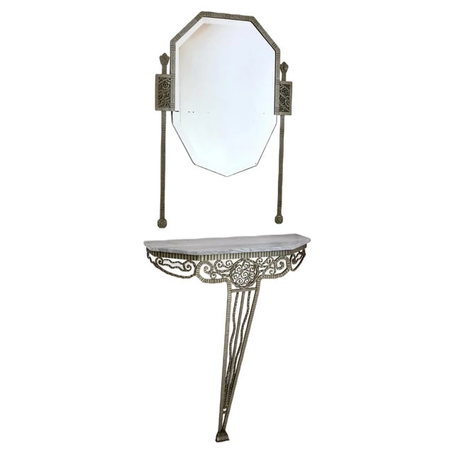 Art Deco French Wrought Iron Console Table with White Marble and Mirror For Sale