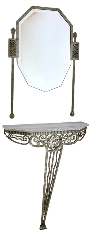 Art Deco French Wrought Iron Console Table with White Marble and Mirror