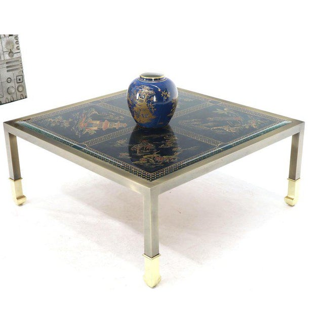 Brass and Gold Decorated Reverse Painted Glass Top Square Coffee Table | Chairish