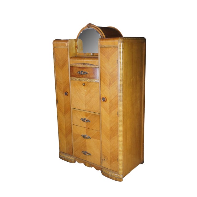 Art Deco Vintage Art Deco Waterfall Walnut Chifferobe Secretary Desk Dresser Armoire For Sale - Image 3 of 18