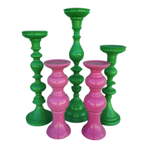 Palm Beach Regency Style Kelly Green Bright Pink Lacquered Pillar Candle Holders Set of 5