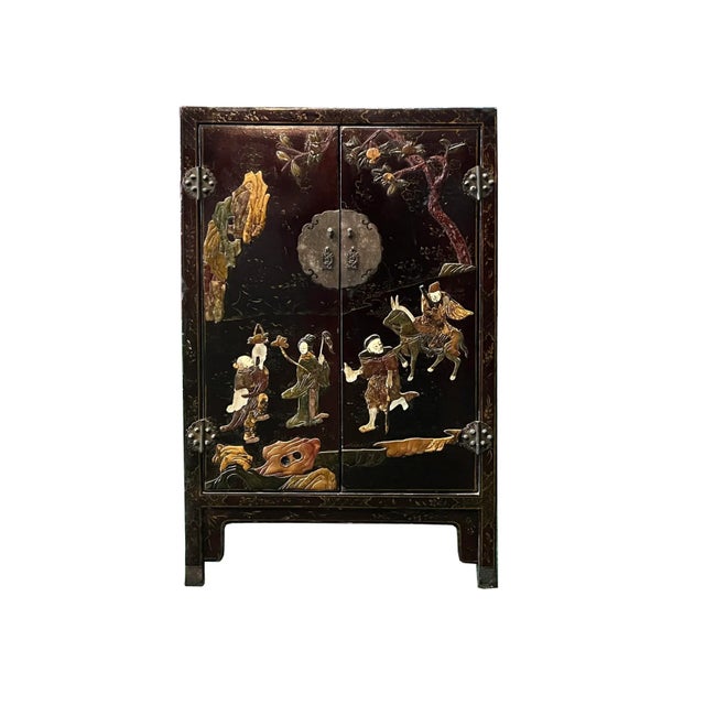 Vintage Chinoiseries Black & Stone Inlay Graphic End Table Nightstand For Sale - Image 9 of 9