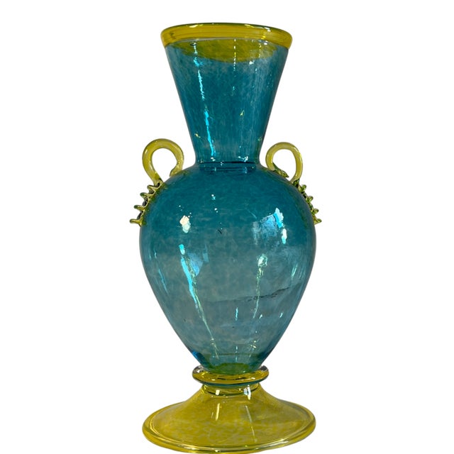 Glass Art Glass Aqua Yellow Handled Amphora Vase For Sale - Image 7 of 14