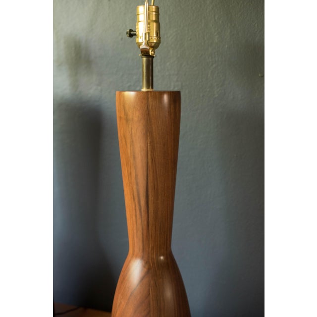 Brown Sculptural Pair of Mid Century Modern Solid Staved Walnut Lamps For Sale - Image 8 of 10