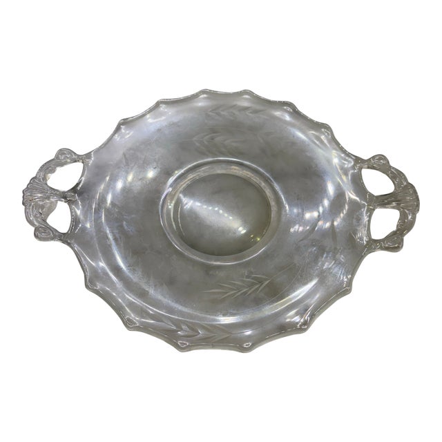 Vintage Etched Glass Handled Serving Plate. Scalloped Rim. 1930s For Sale