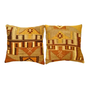 1940 Decorative Vintage Turkish Kilim Rug Pillows with Geometric Abstracts - A Pair