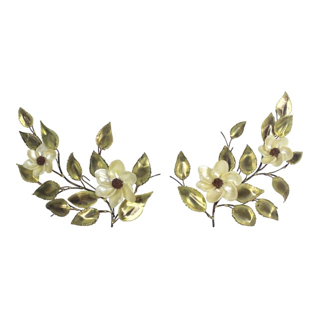 Torch Cut Brass Leaf and Shell Flower Wall Art Hollywood Recency Mid 20th Century - Set of 2 For Sale