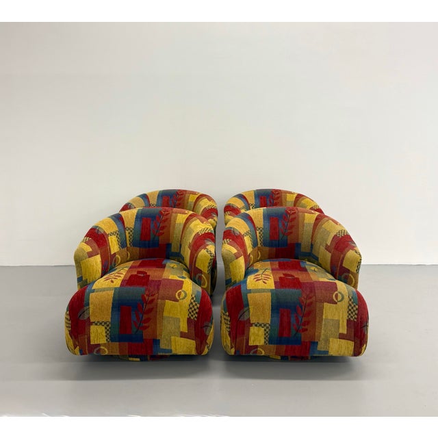 Wood Vintage Postmodern Geometric Upholstered Swivel Chairs – Set of 4 For Sale - Image 7 of 8