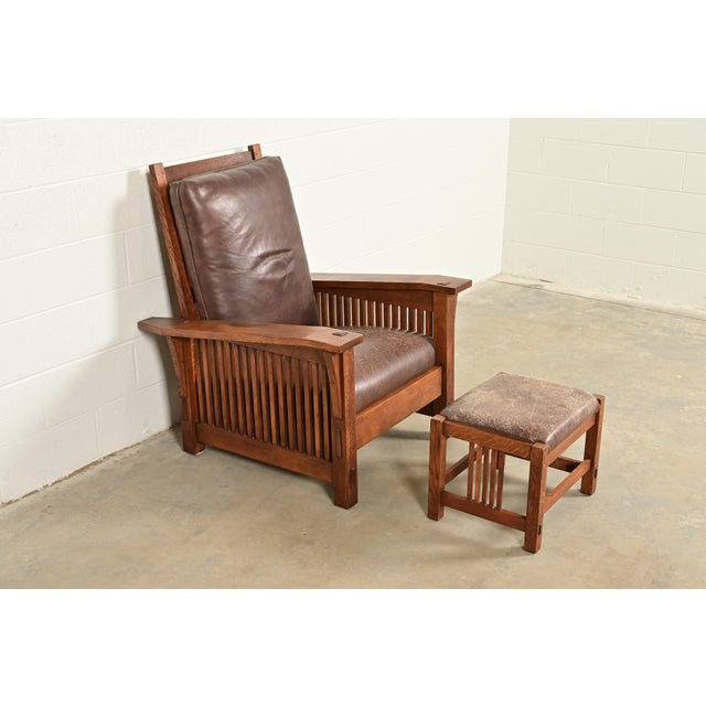 L. & J.G. Stickley, Inc. Stickley Mission Oak Arts & Crafts Reclining Morris Lounge Chair With Ottoman For Sale - Image 4 of 14