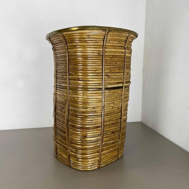 1960s Bauhaus Rattan and Brass Umbrella Stand in the style of Aubock, France, 1960s For Sale - Image 5 of 18
