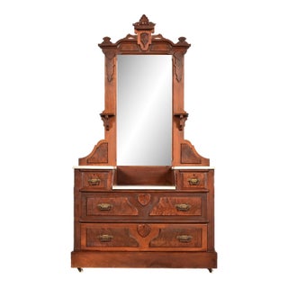 Herter Brothers Style Antique Eastlake Victorian Carved Burled Walnut Marble Top Vanity Dresser With Mirror, Circa 1880s For Sale