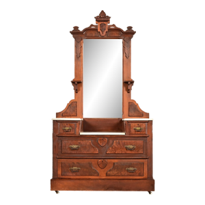 Herter Brothers Style Antique Eastlake Victorian Carved Burled Walnut Marble Top Vanity Dresser With Mirror, Circa 1880s