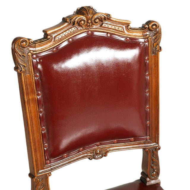 Eclectic Neoclassical Chairs in Hand Carved Walnut & Leather Upholstery, 1880s, Set of 6 For Sale - Image 11 of 14