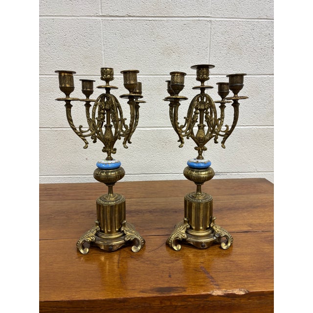 Antique Ormolu Style Gilt Bronze Five Arm Candelabras - Pair For Sale - Image 11 of 12