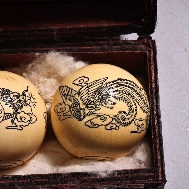 Carved Dragon and Phoenix Baoding Balls With Wooden Box For Sale In Los Angeles - Image 6 of 8