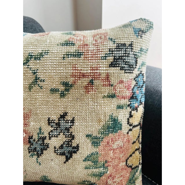 Boho Chic Vintage Turkish Isparta Rug Pillow Cover 16x16 – Floral Wool Cushion For Sale - Image 3 of 11