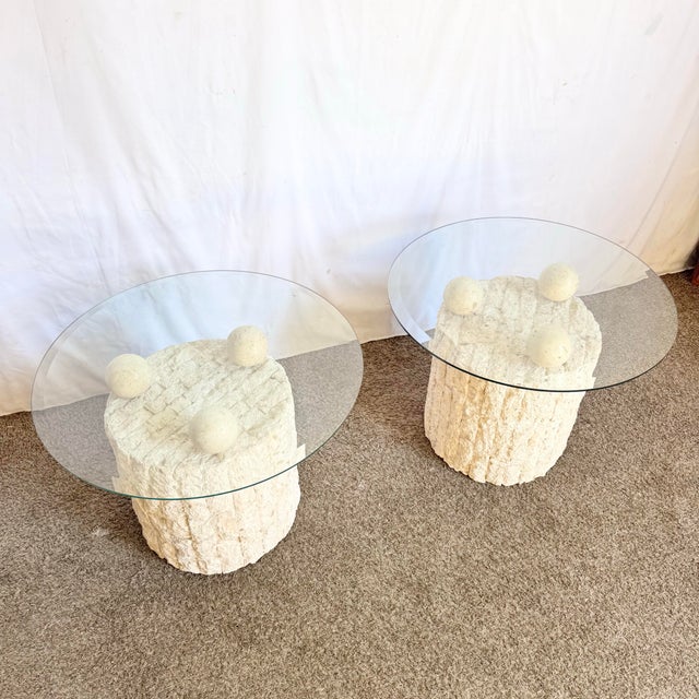 Postmodern Circular Tessellated Stone Glass Top Side Tables - A Pair For Sale - Image 4 of 10