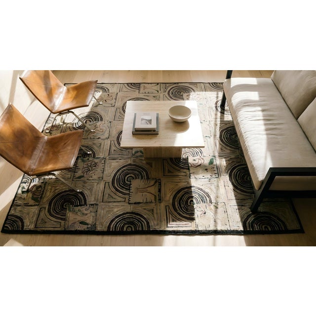 Nice Tan-Beige Background With Prominent Circles Black Geometric Design Antique American Hooked Rug For Sale - Image 16 of 16