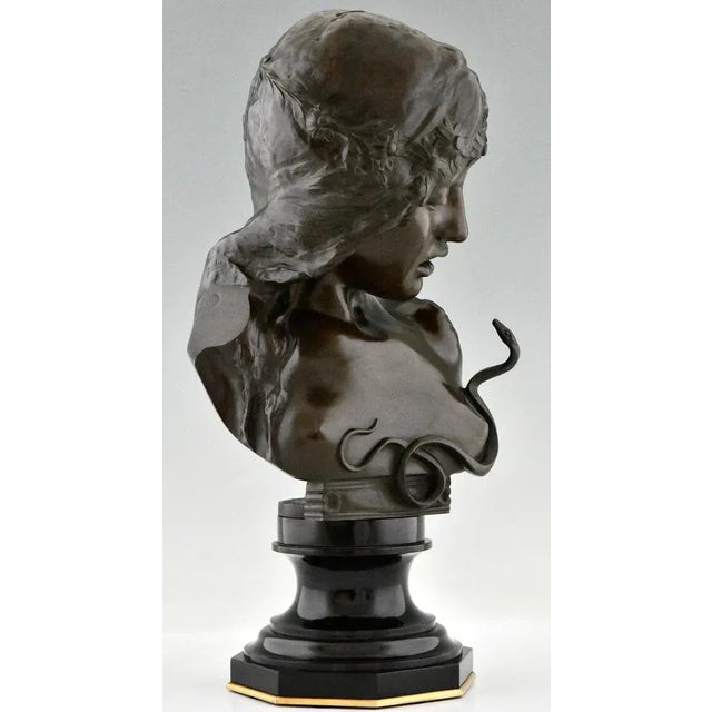 1900 - 1909 Isidore De Rudder, Art Nouveau Cleopatra Bust with Snake, 1900, Bronze & Marble For Sale - Image 5 of 11