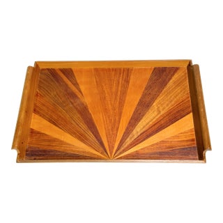Vintage Mid-Century Modern Marquetry Sunburst Wood Inlay Serving Tray For Sale