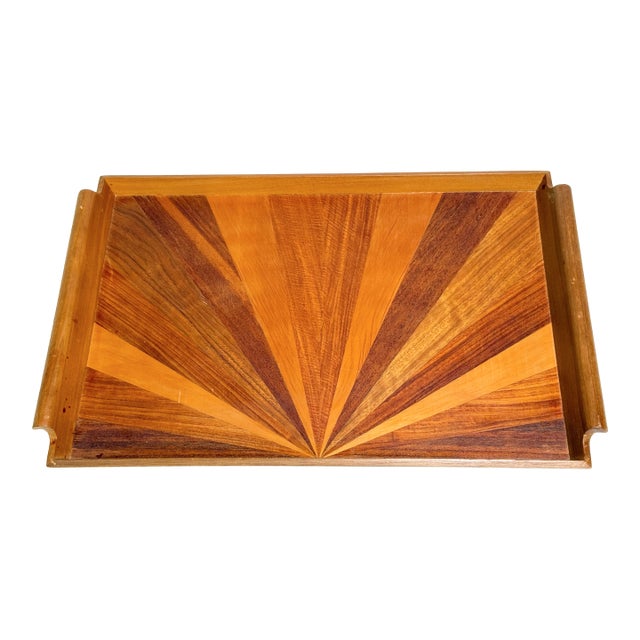 Vintage Mid-Century Modern Marquetry Sunburst Wood Inlay Serving Tray For Sale