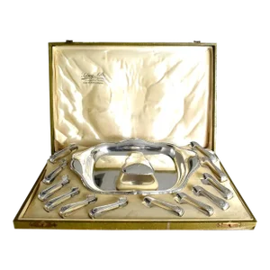 Early 1900s Belgian Silver Asparagus Serving and Eating Set With Platter, Server and 12 Tongs- 15 Pi