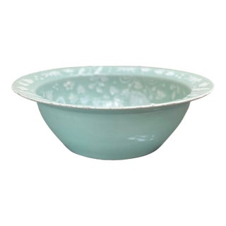 Antique Chinese Celadon Bowl With Hand-Painted White Flowers For Sale