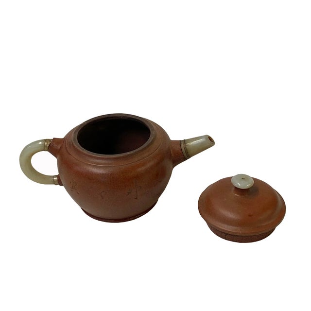 Chinese Zisha Clay Brown Jade Stone Handle Teapot Display Art For Sale In San Francisco - Image 6 of 11