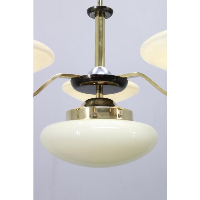 1930s Art Deco Brass, Glass, and Aluminum Chandelier with Cream Glass, Czechoslovakia, 1930s For Sale - Image 5 of 14