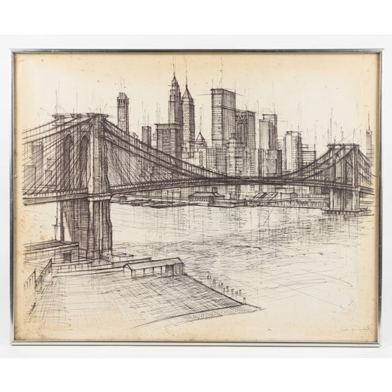 Vintage 1960s Framed Original Pencil & Ink Brooklyn Bridge Cityscape Drawing, Signed For Sale - Image 10 of 10