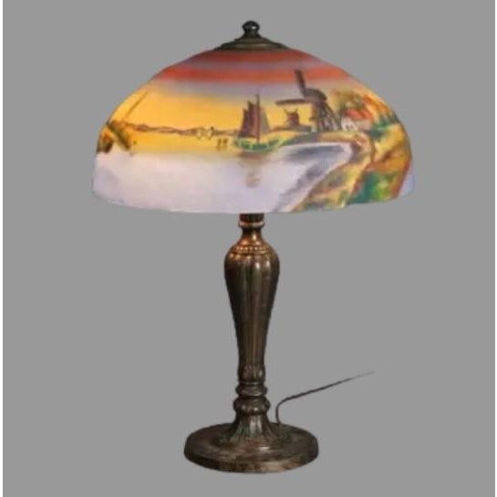 Antique Arts & Crafts Scenic Reverse Painted Table Lamp 1920 For Sale - Image 4 of 11