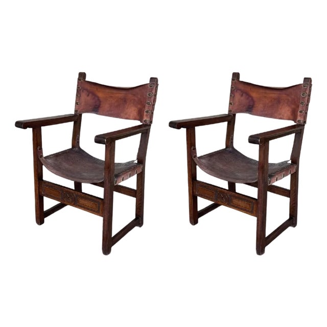 Pair of 19th Century Spanish Colonial Style Carved Armchairs with Leather For Sale