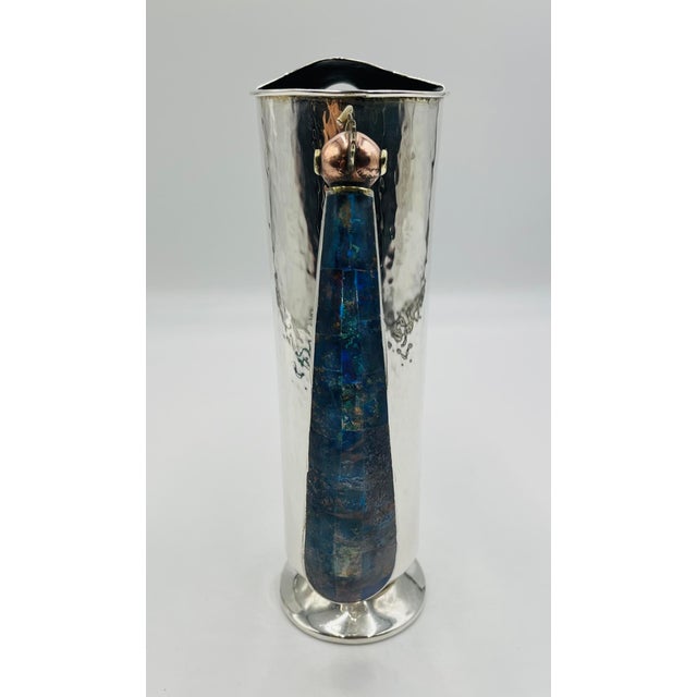 Metal 1960s Los Castillo Silver-Plated Pitcher With Lapis Bird Handle, Taxco For Sale - Image 7 of 16