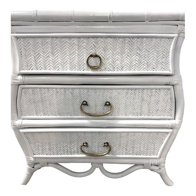 Brass Vintage Bombay-Style Rattan 3-Drawer Chests – A Pair For Sale - Image 8 of 10
