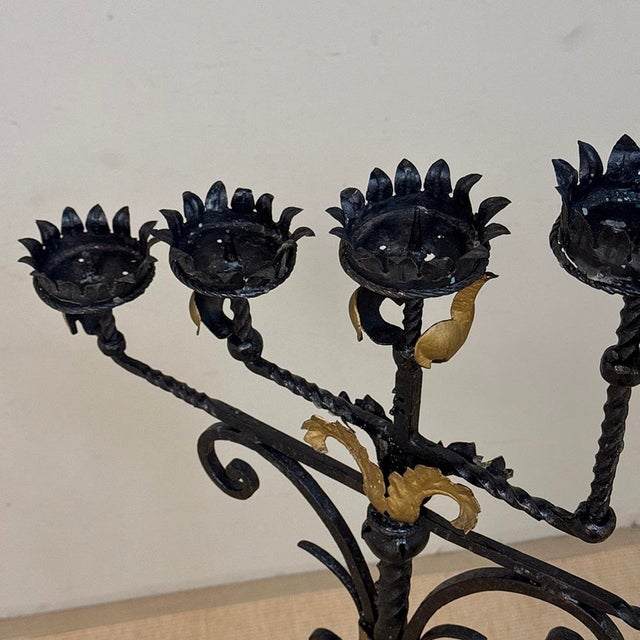 Spanish Revival Hand Forged Iron and Brass Torchère ~ Floor Candelabra For Sale - Image 14 of 18