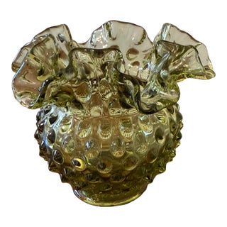Late 20th Century Fenton Green Hobnail Rose Ruffled Vase For Sale