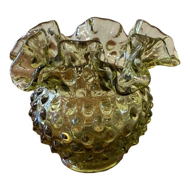 Late 20th Century Fenton Green Hobnail Rose Ruffled Vase For Sale