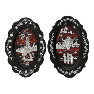 Vintage Inlaid Mother of Pearl Asian Black Lacquerware Trays or Decorative Wall Plaque Hangings, a Pair For Sale