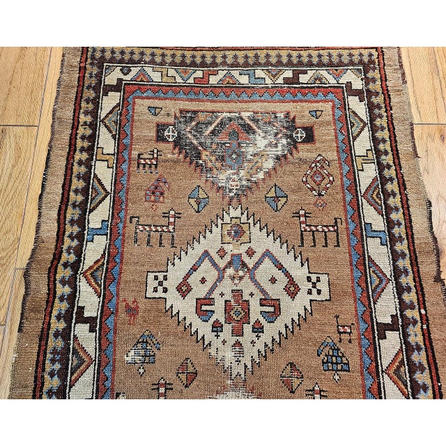 Antique 19th C. Persian Kurdish Runner Rug, Hand-Knotted Wool, Geometric Pattern, 4x10, Camelhair & Ivory For Sale - Image 14 of 18