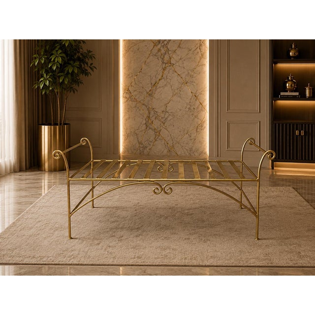 Metal Vintage Hollywood Regency-Style Emerald Green Velvet and Gold-Tone Metal Bench For Sale - Image 7 of 7