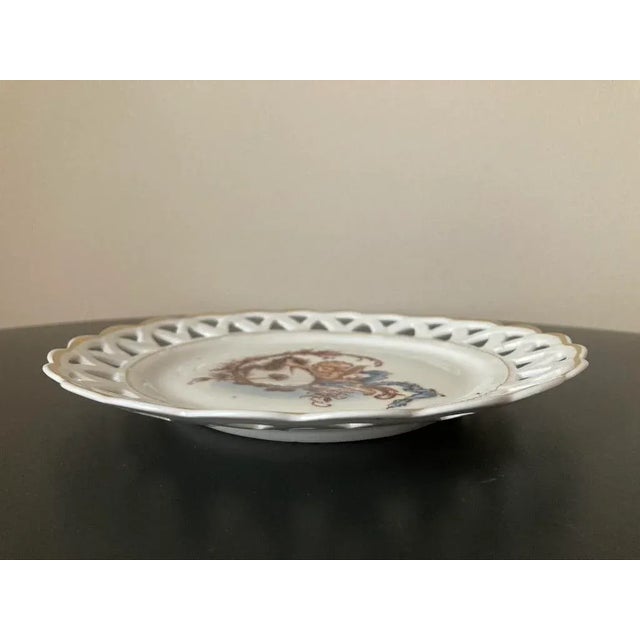 Victorian Antique English Romantic Cherub Cupid Valentines Heart Porcelain Plate With Reticulated Margin and Gold Rim For Sale - Image 3 of 12