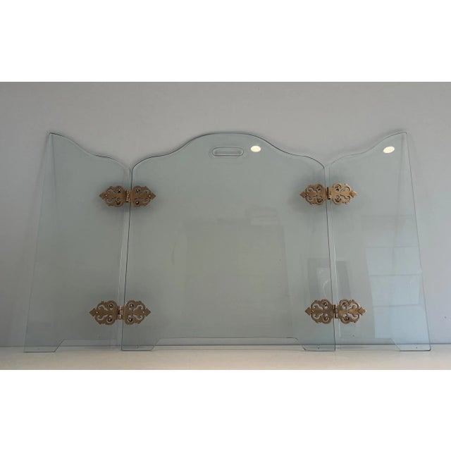 Mid-Century Modern Glass Fireplace Screen with Bronze Hinges For Sale - Image 3 of 13